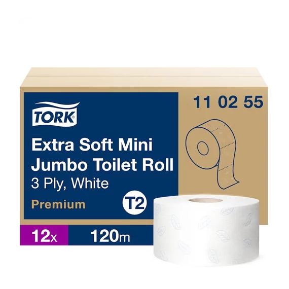 Tork Mini Jumbo Extra Soft toalettpapír 3 rétegű, 120 méter/tekercs, 12 tekercs/karton - T2 - Fehér