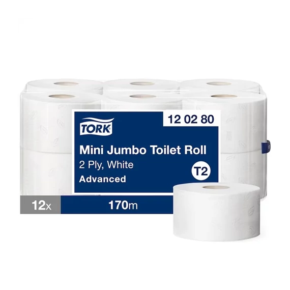 Tork Mini Jumbo toalettpapír 2 rétegű, 170 méter/tekercs, 12 tekercs/karton - T2 - Fehér