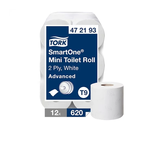 Tork SmartOne® mini tekercses toalettpapír 2 rétegű, 620 lap/tekercs, 12 tekercs/karton - T9 - Fehér