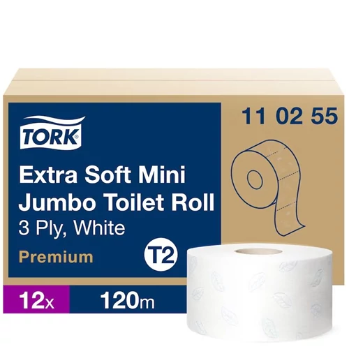 Tork Mini Jumbo Extra Soft toalettpapír 3 rétegű, 120 méter/tekercs, 12 tekercs/karton - T2 - Fehér