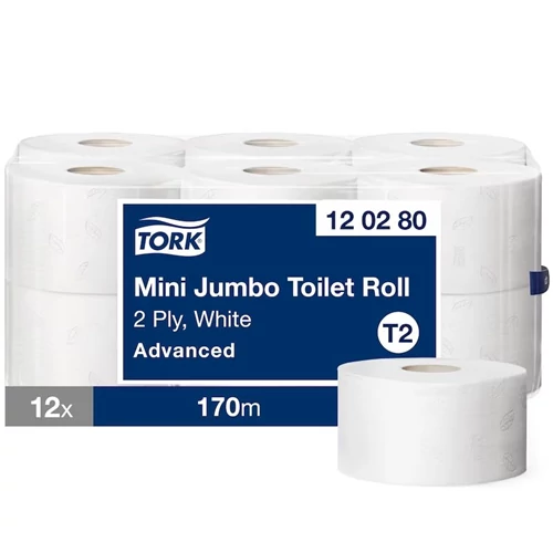 Tork Mini Jumbo toalettpapír 2 rétegű, 170 méter/tekercs, 12 tekercs/karton - T2 - Fehér